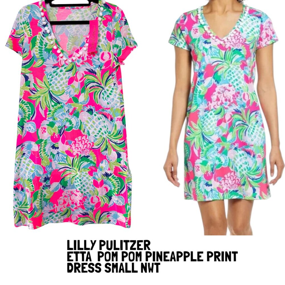 Women's Lilly Pulitzer Etta Pima‎ Cotton pineapple print Pom Pom Dress Small NWT